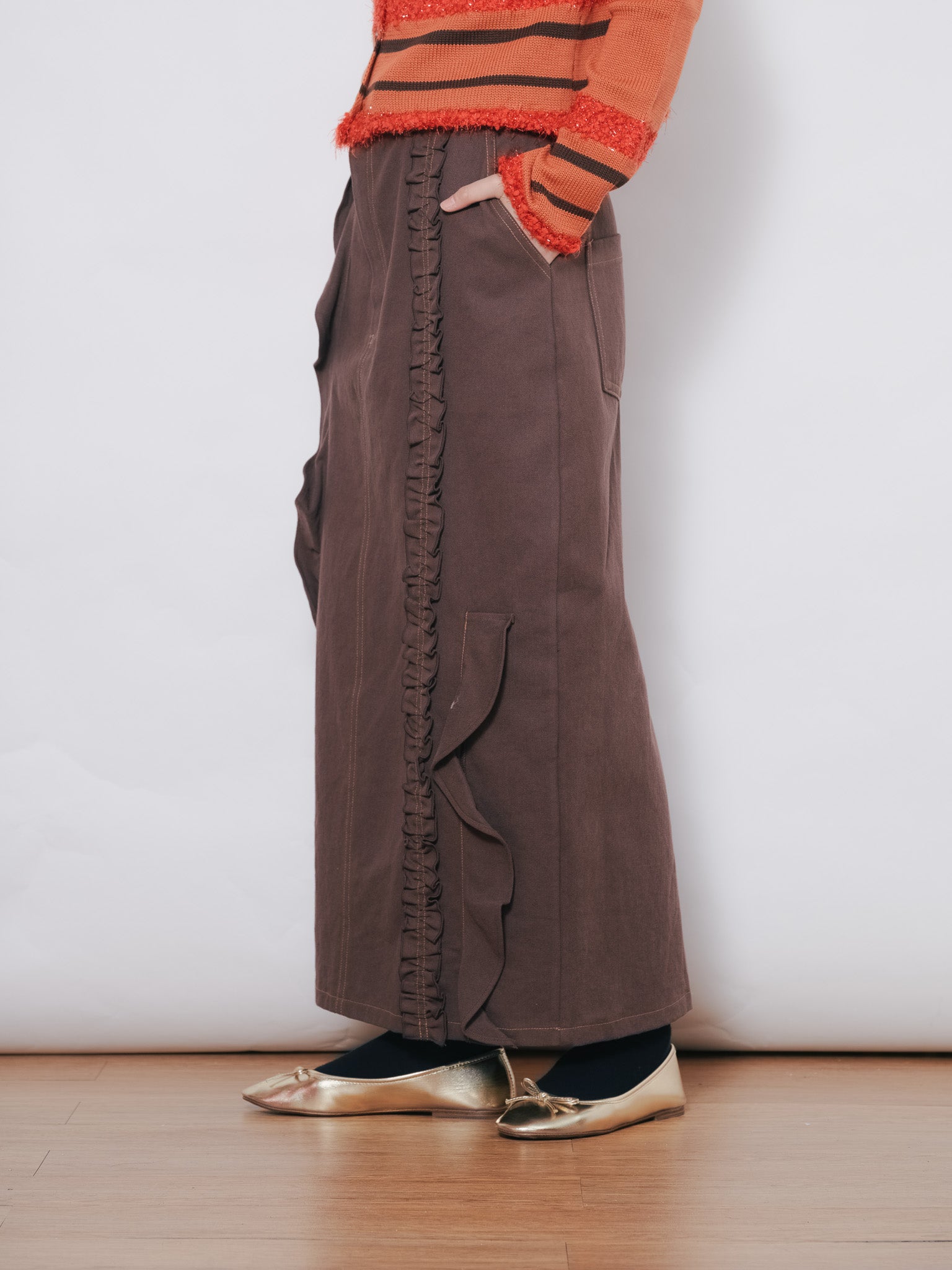 【SALE】ミックスフリルカツラギタイトスカート [601358] brown