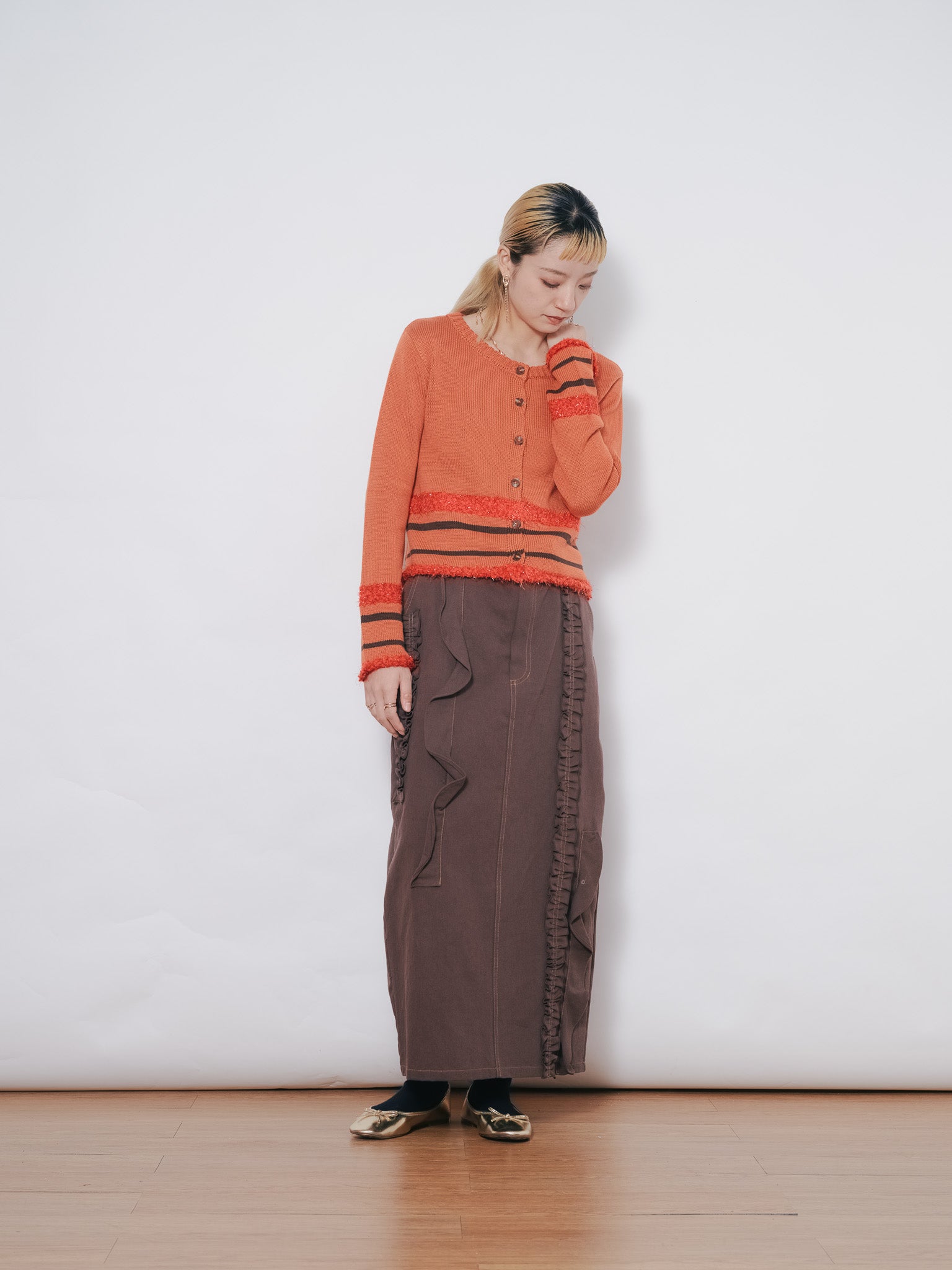 【-PRE SALE- 12/15 18:00まで!!】ミックスフリルカツラギタイトスカート [601358] brown