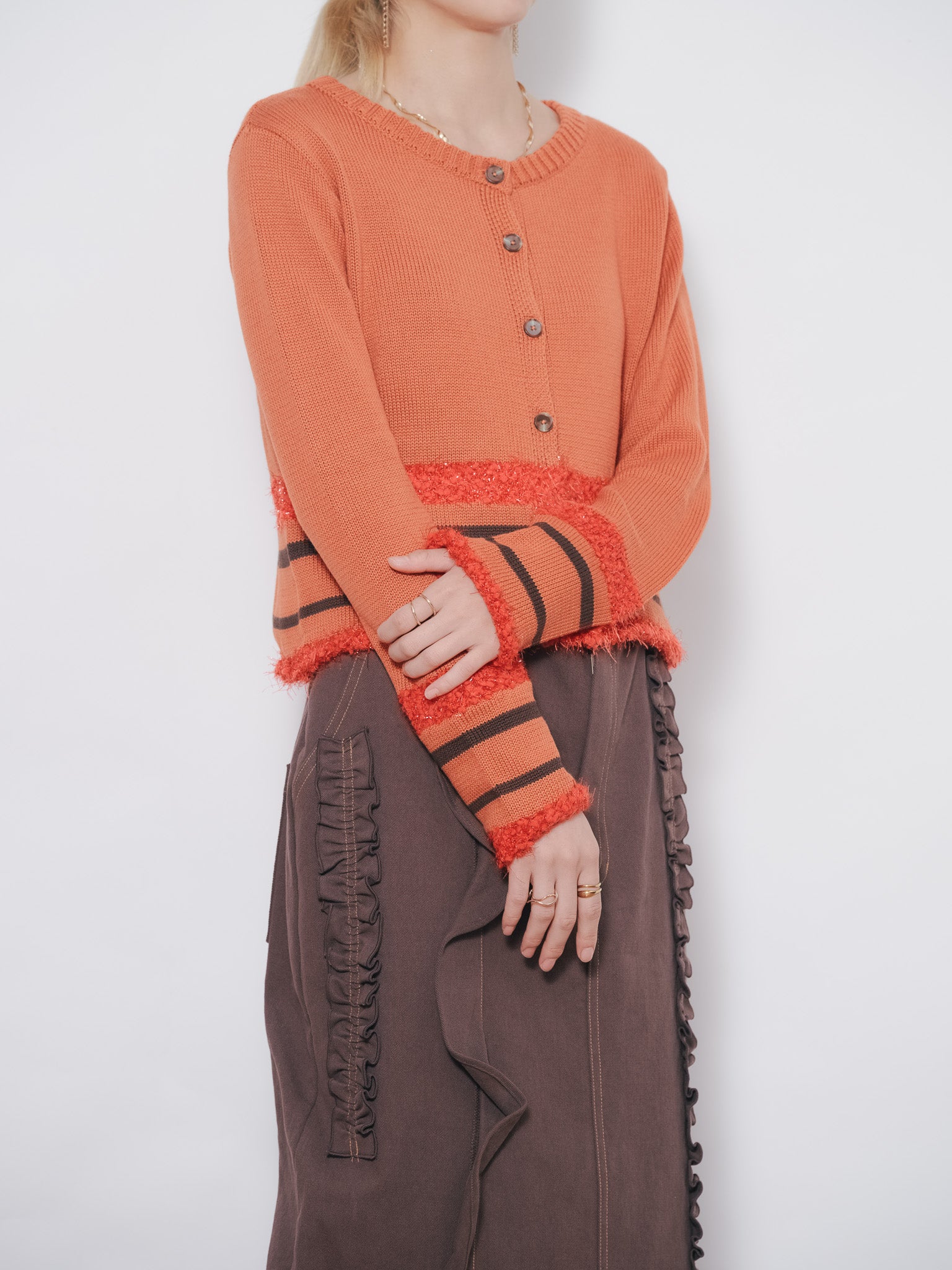 ポイントポップコーンマルチボーダーニットカーディガン [601458] orange