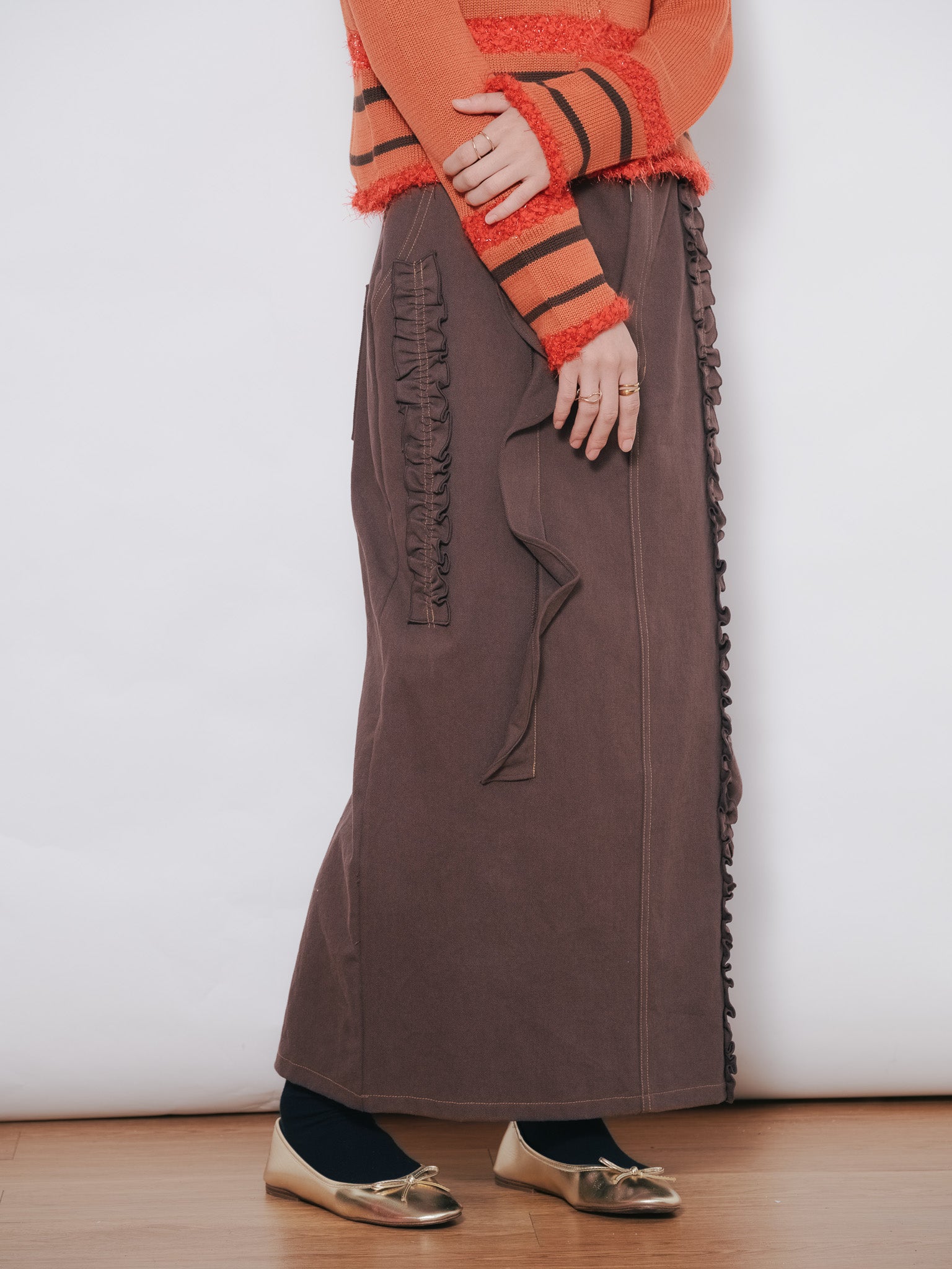 【SALE】ミックスフリルカツラギタイトスカート [601358] brown