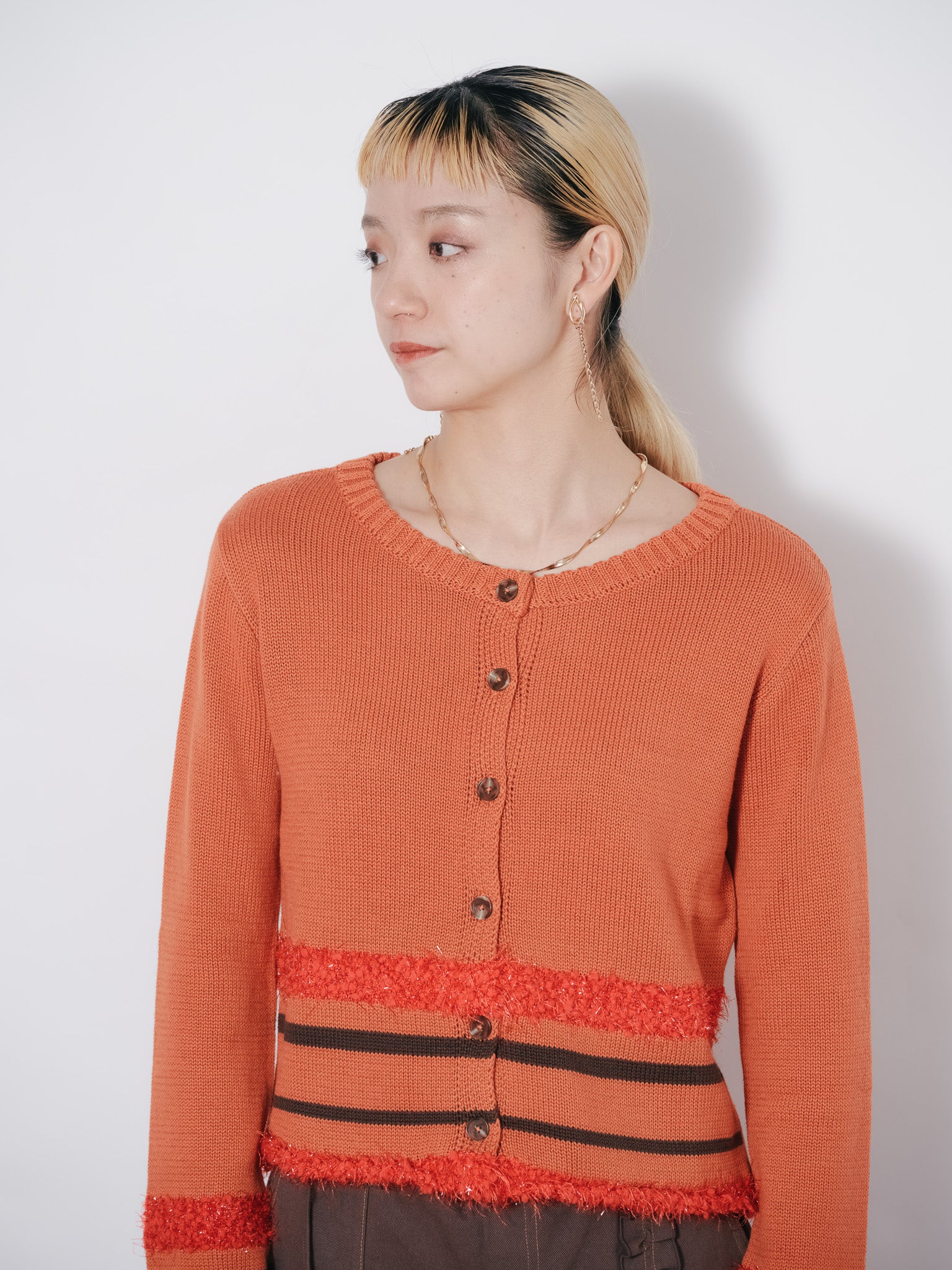 ポイントポップコーンマルチボーダーニットカーディガン [601458] orange