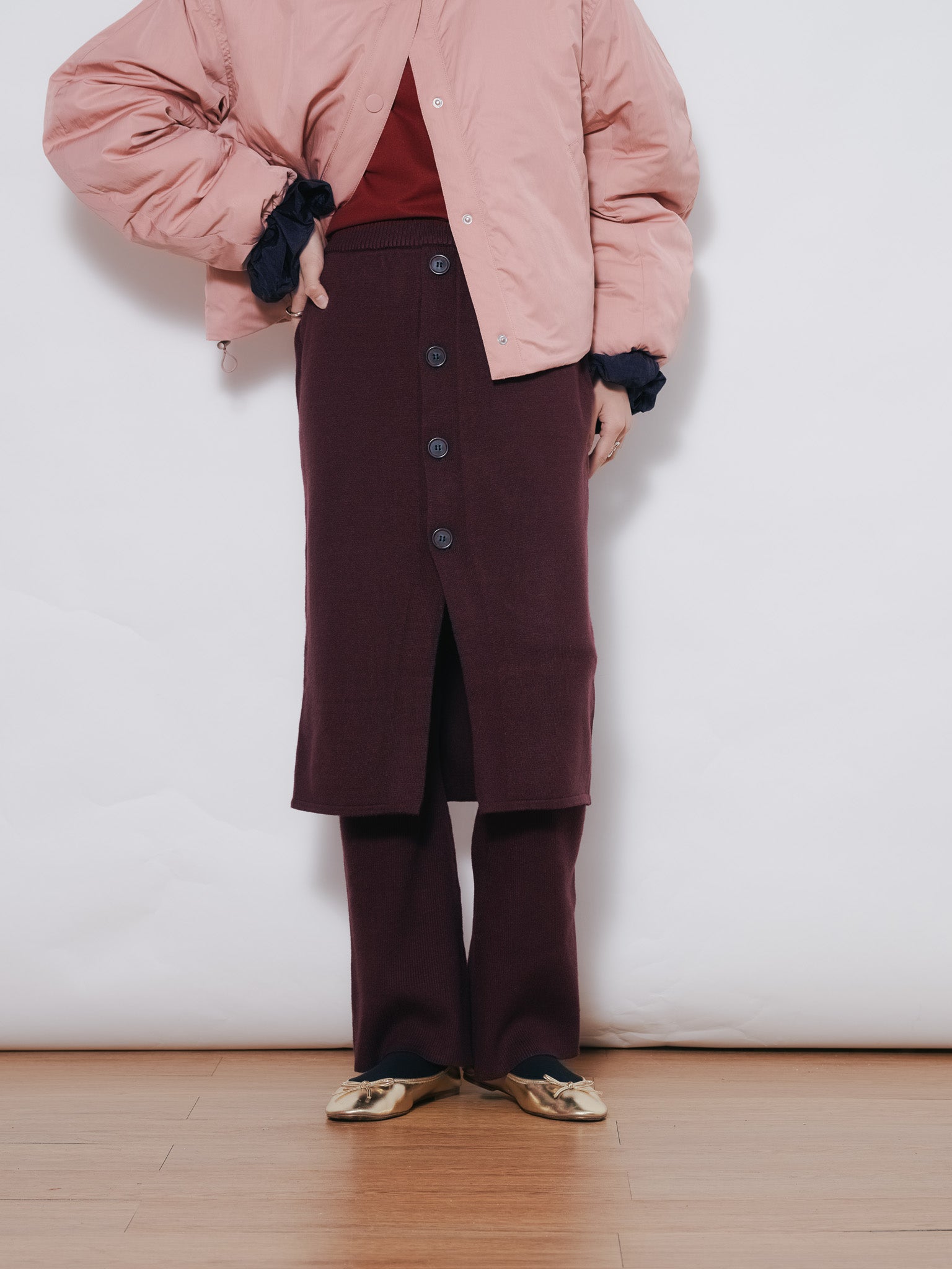 【SALE】スカートレイヤードニットパンツ [601415] wine