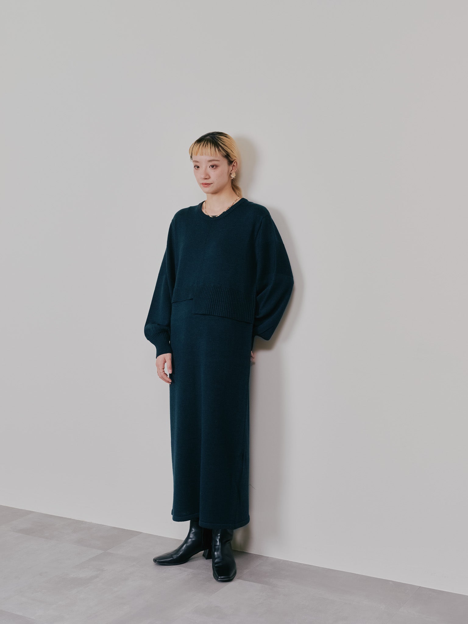 レイヤードライクニットワンピース [605542] moss green