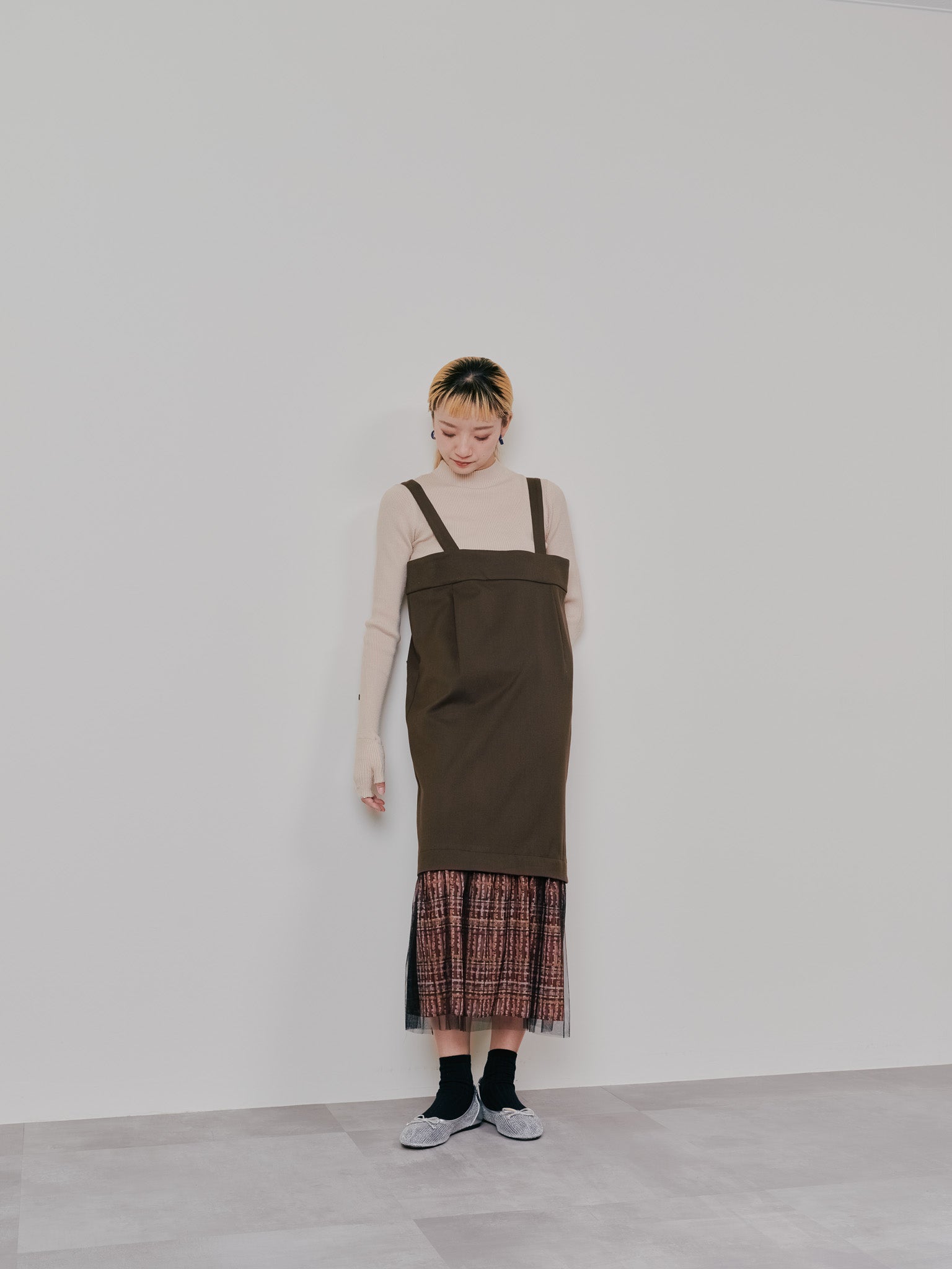 【-PRE SALE- 12/15 18:00まで!!】ヘムチェックサスペンダー付スカート [603341] brown