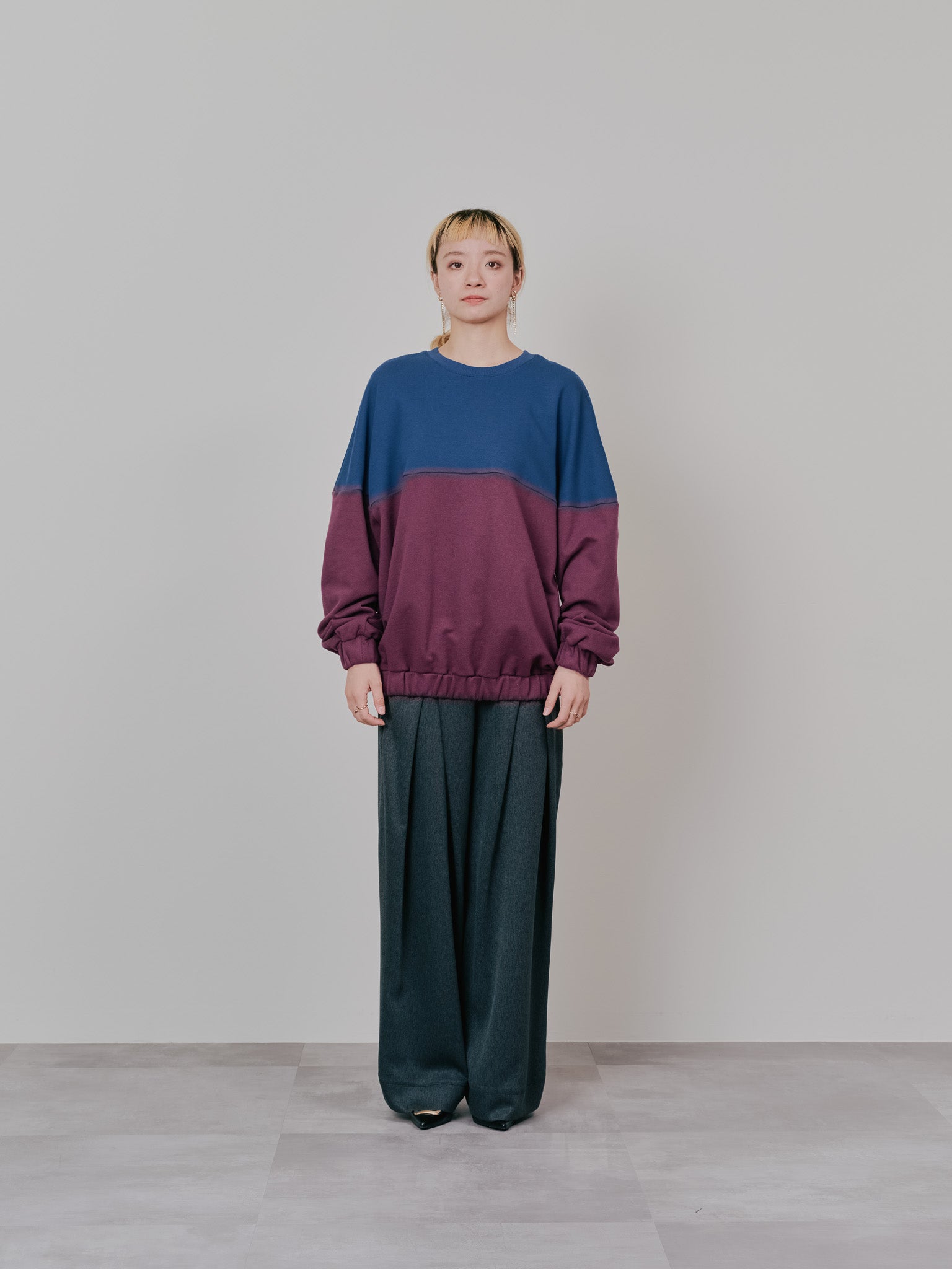 【SALE】配色スウェットギャザートップス [601449] wine