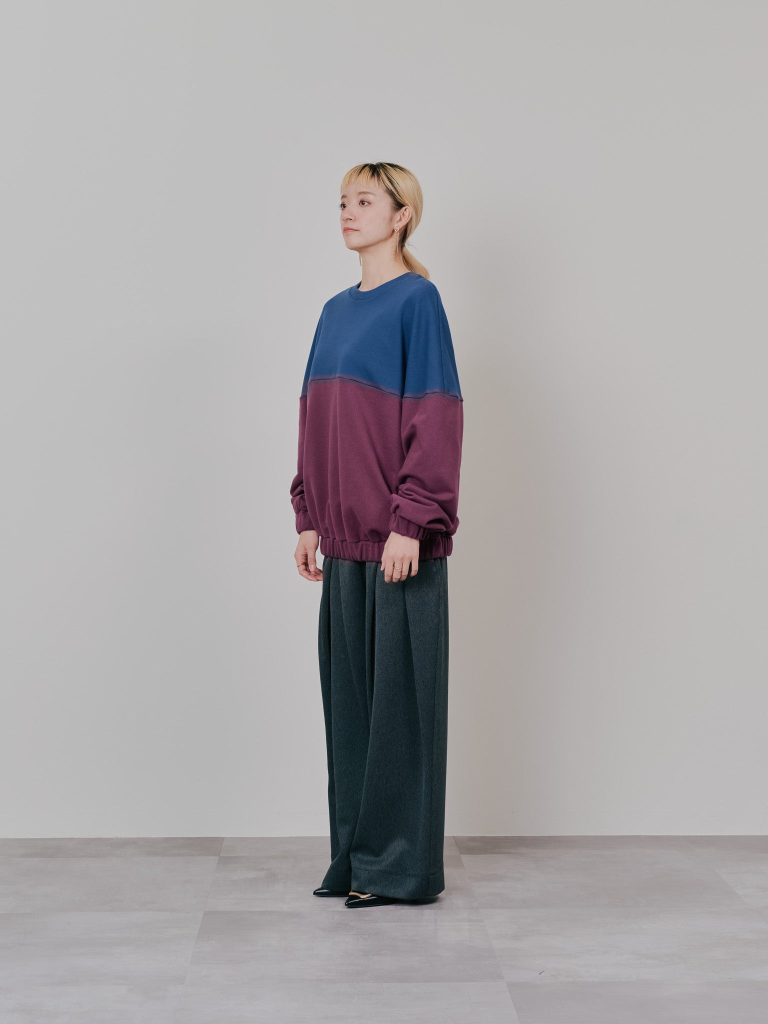 【SALE】配色スウェットギャザートップス [601449] wine