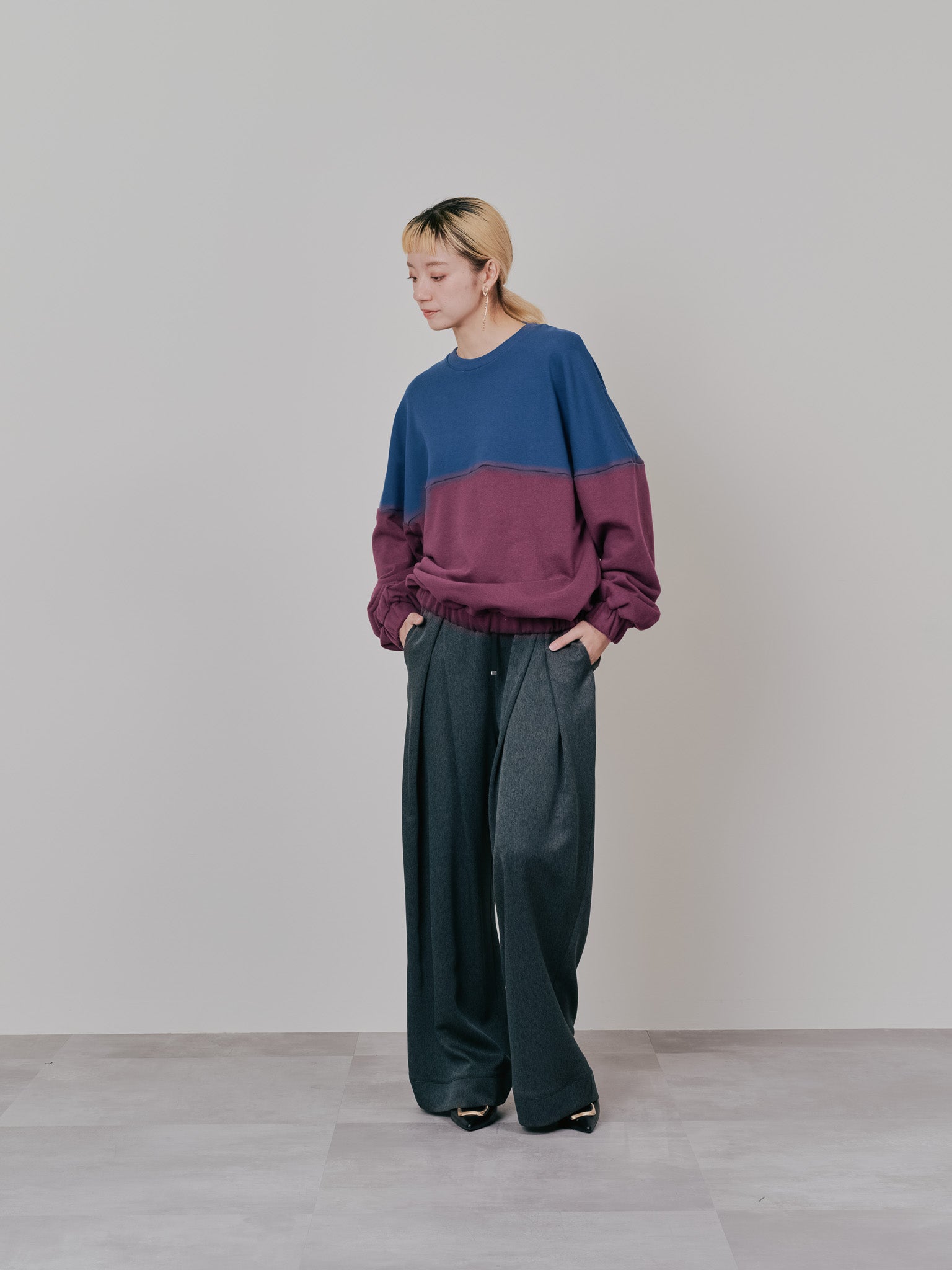 【-PRE SALE- 12/15 18:00まで!!】配色スウェットギャザートップス [601449] wine