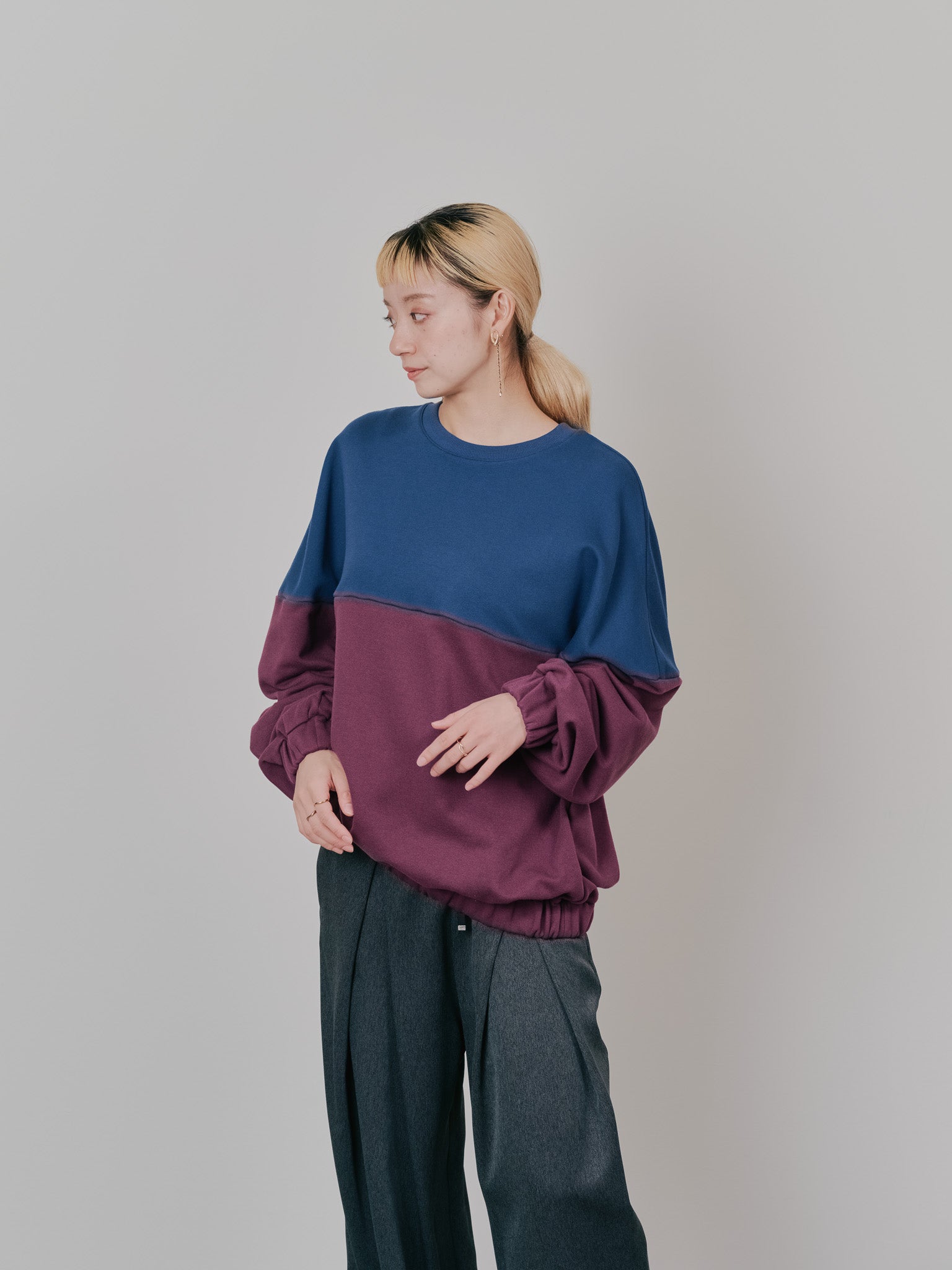 【SALE】配色スウェットギャザートップス [601449] wine