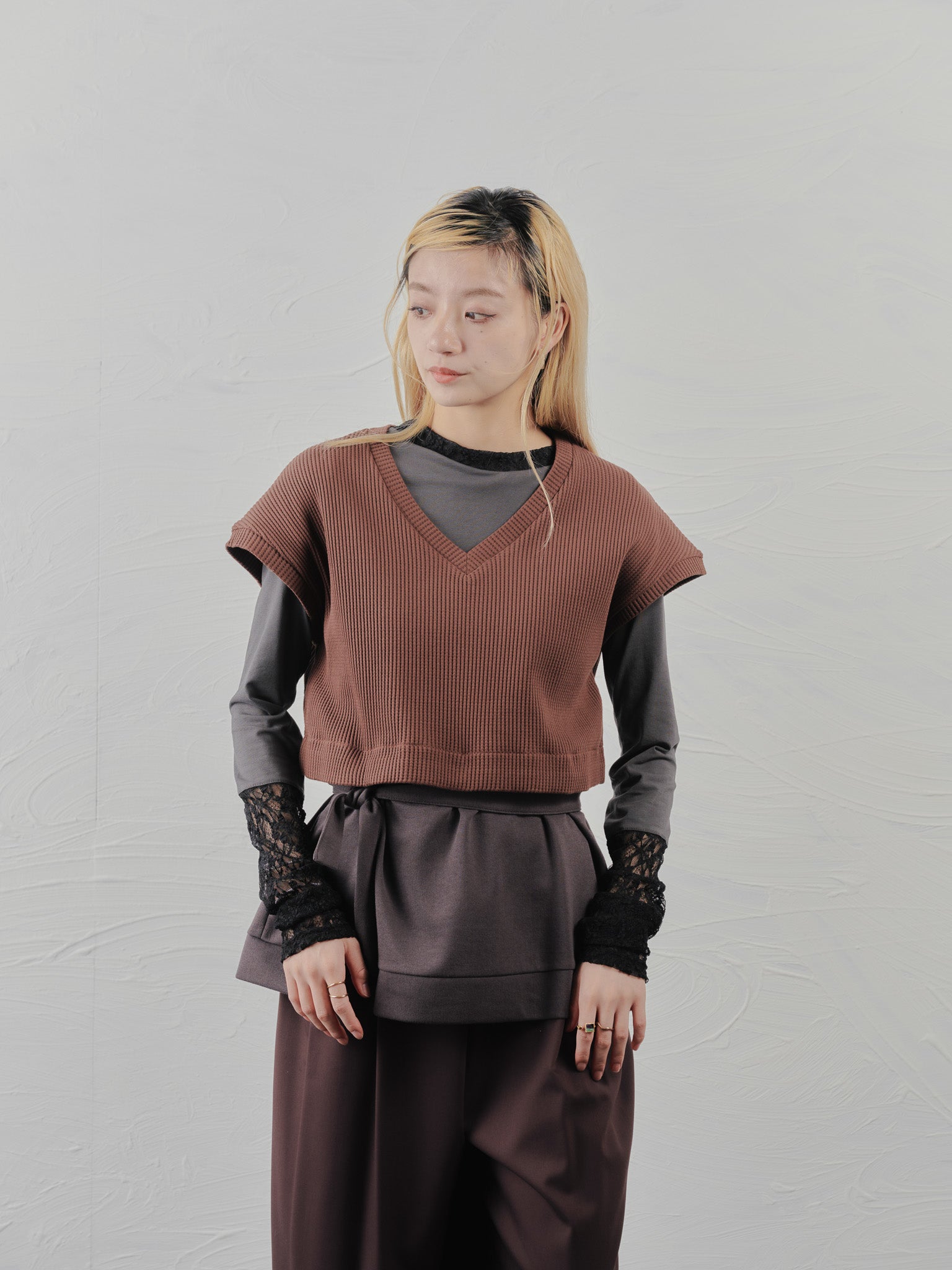 【-PRE SALE- 12/15 18:00まで!!】ヘム2WAYワッフルベスト [601355] brown