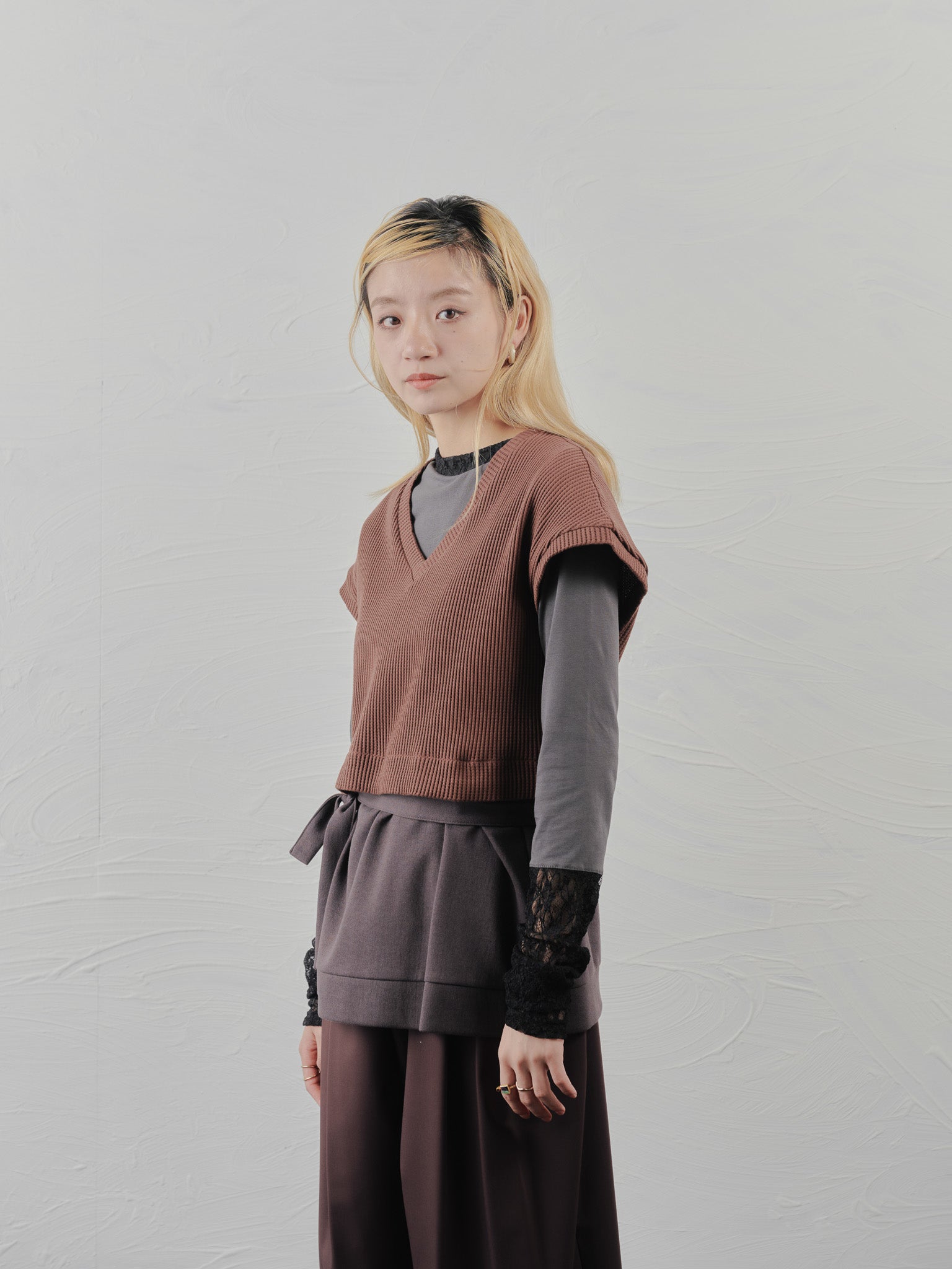 【-PRE SALE- 12/15 18:00まで!!】ヘム2WAYワッフルベスト [601355] brown