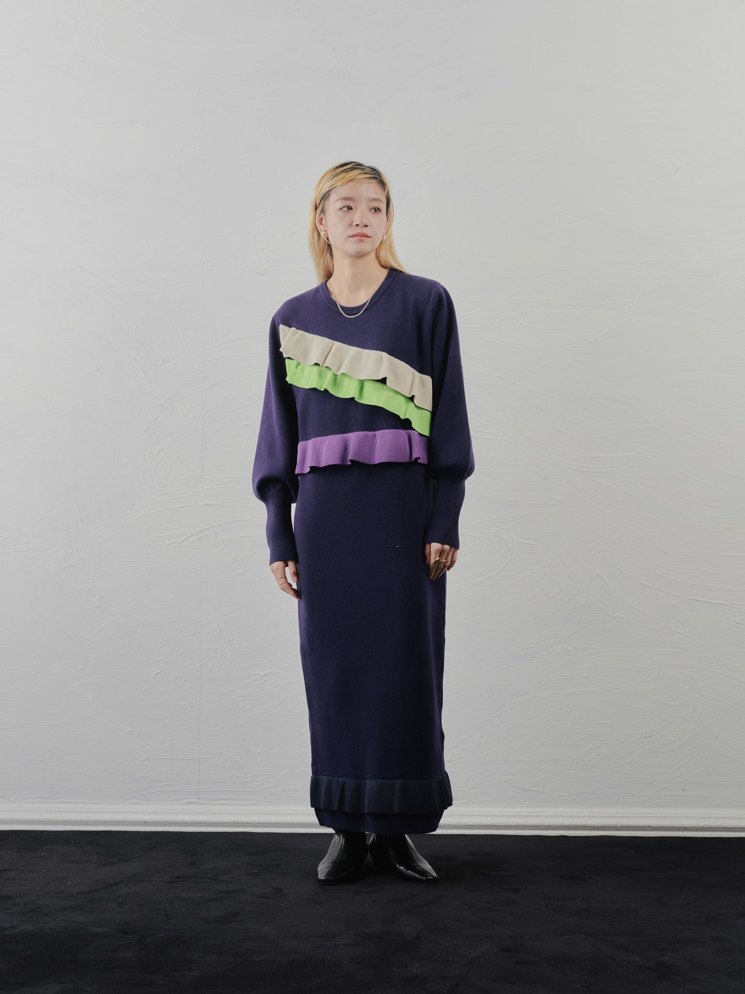 配色フリルティアードニットワンピース [601411] navy