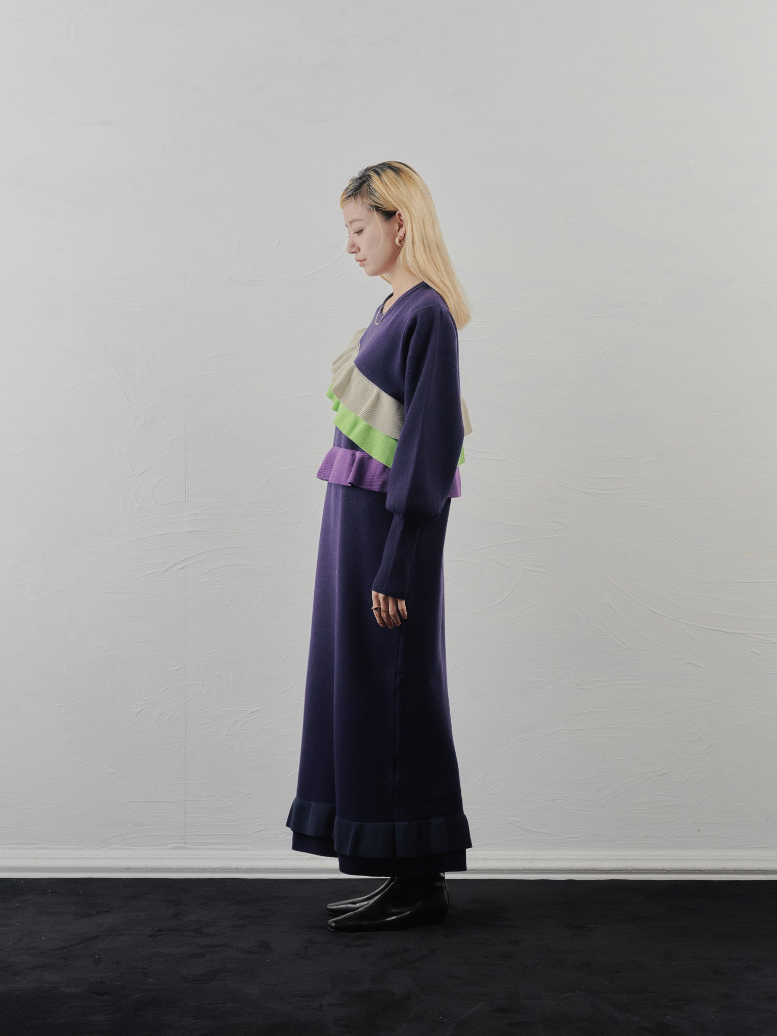 配色フリルティアードニットワンピース [601411] navy