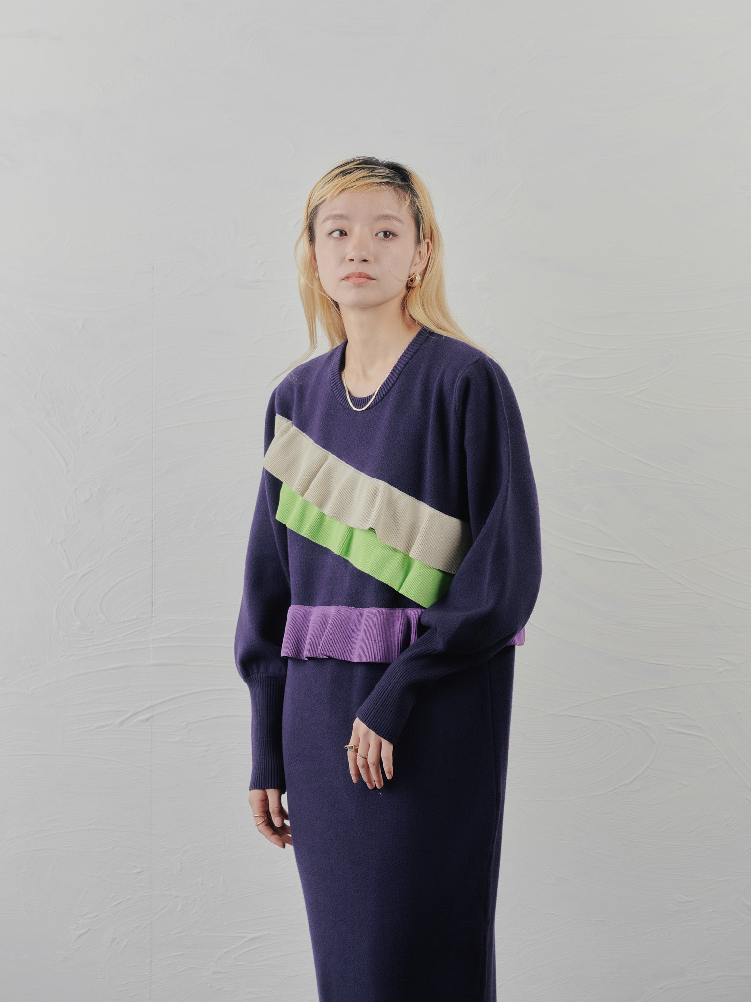 配色フリルティアードニットワンピース [601411] navy