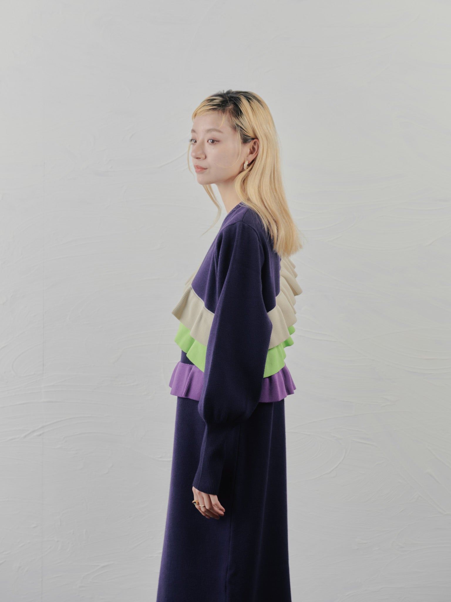 配色フリルティアードニットワンピース [601411] navy