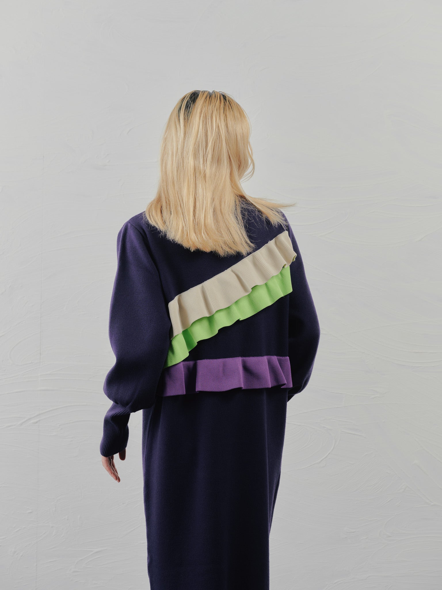 配色フリルティアードニットワンピース [601411] navy