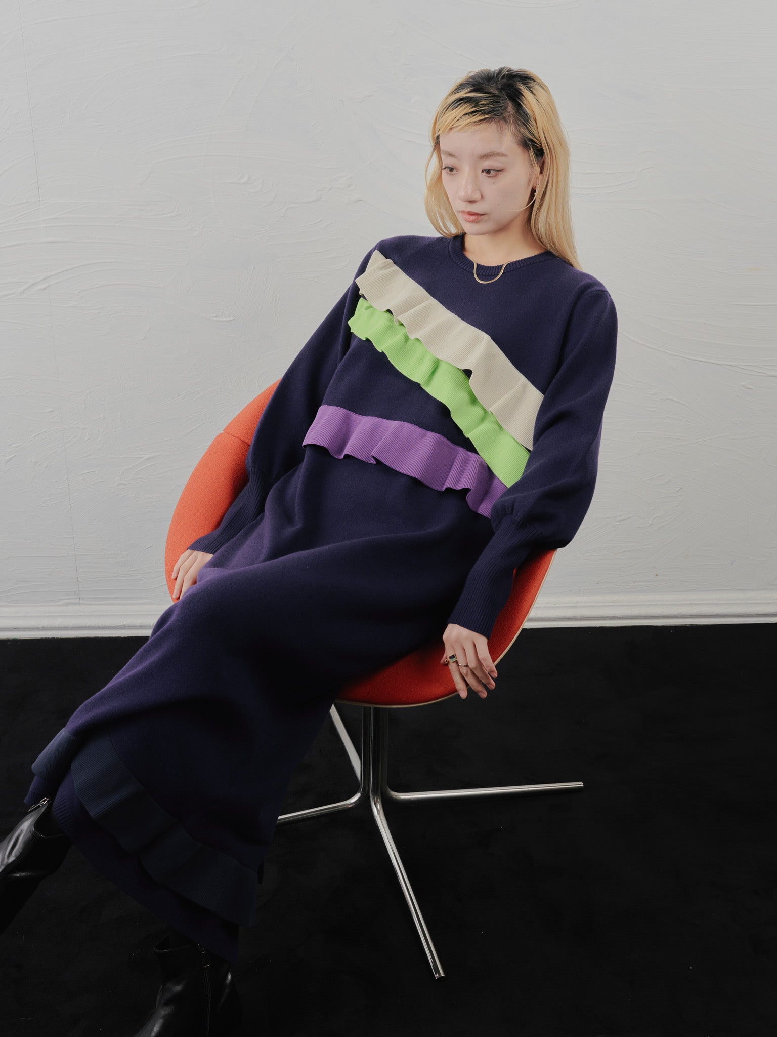 配色フリルティアードニットワンピース [601411] navy