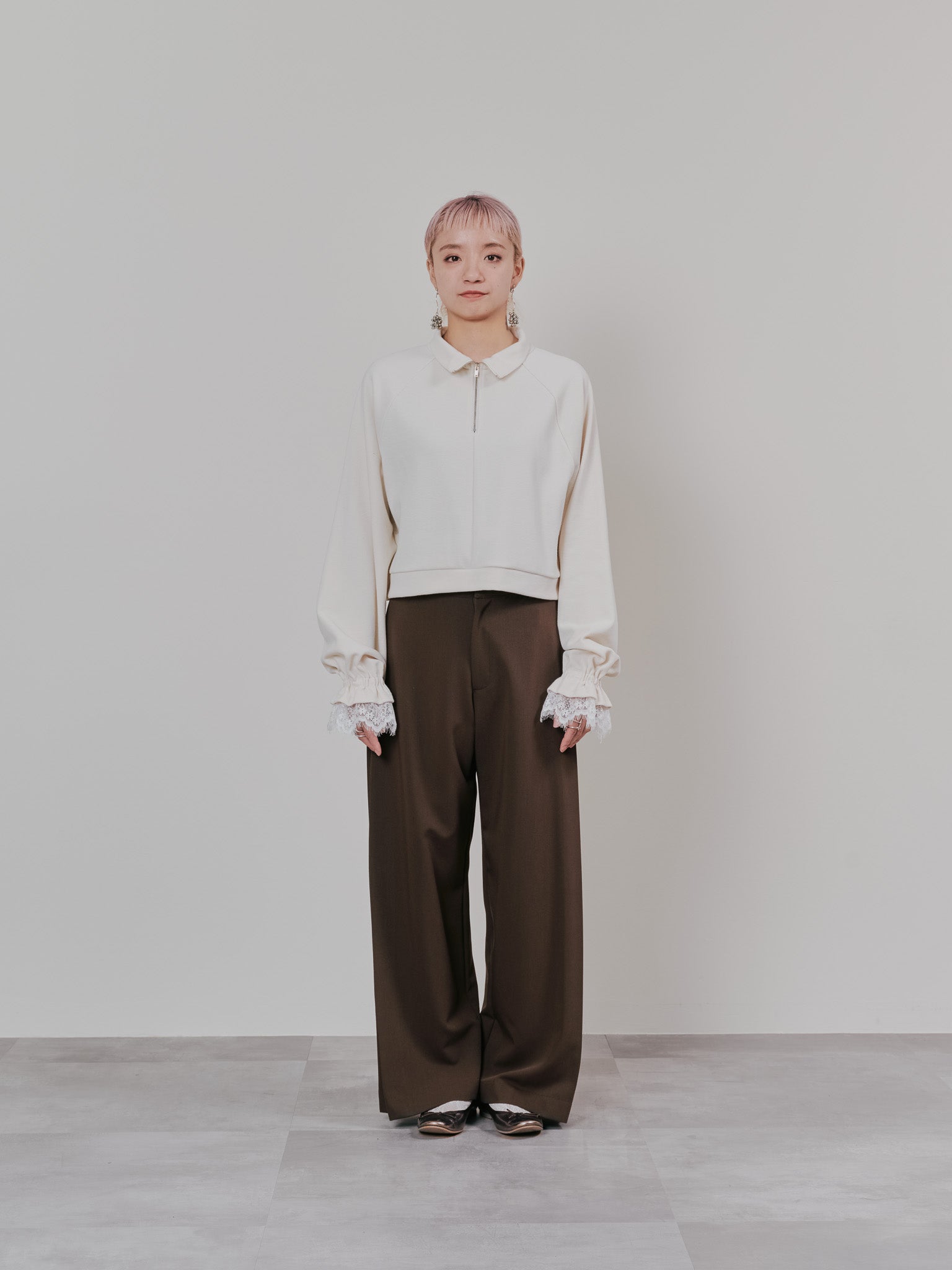 【SALE】ハーフジップ配色レーストップス [605529] ivory