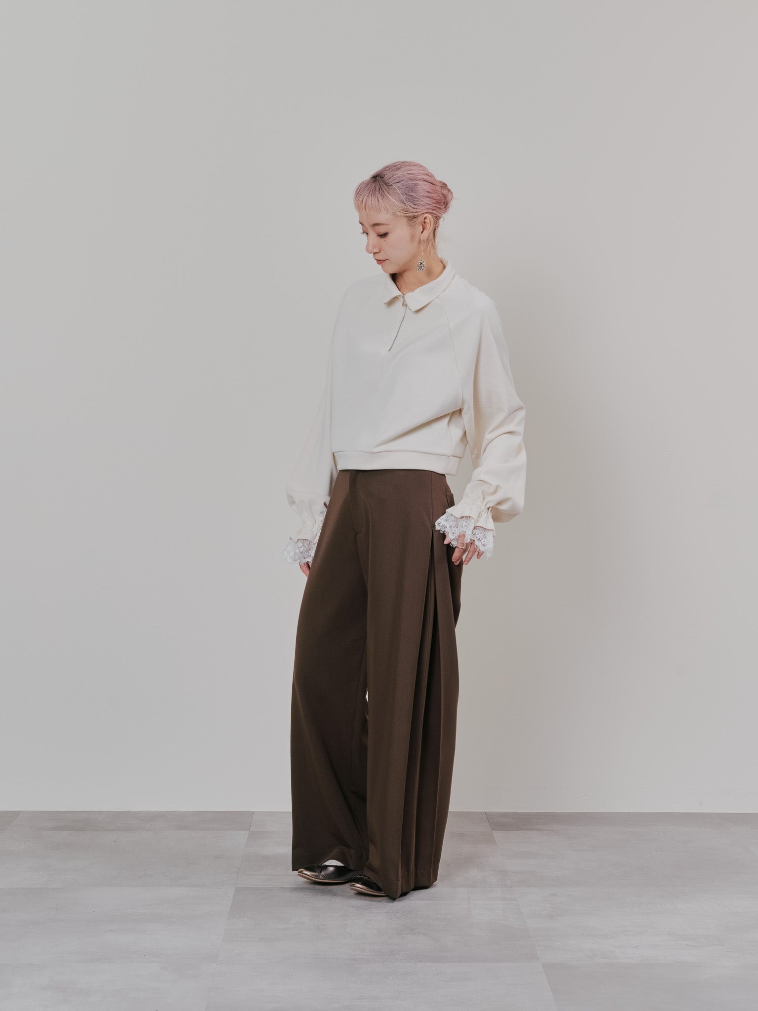 【SALE】ハーフジップ配色レーストップス [605529] ivory