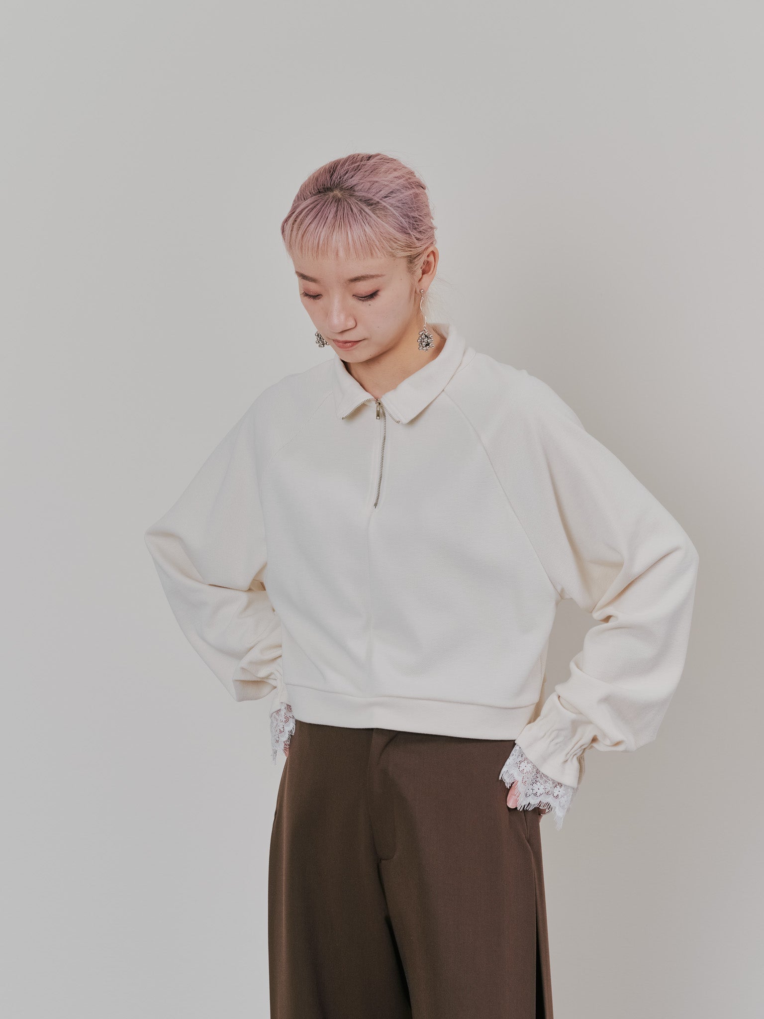 【SALE】ハーフジップ配色レーストップス [605529] ivory