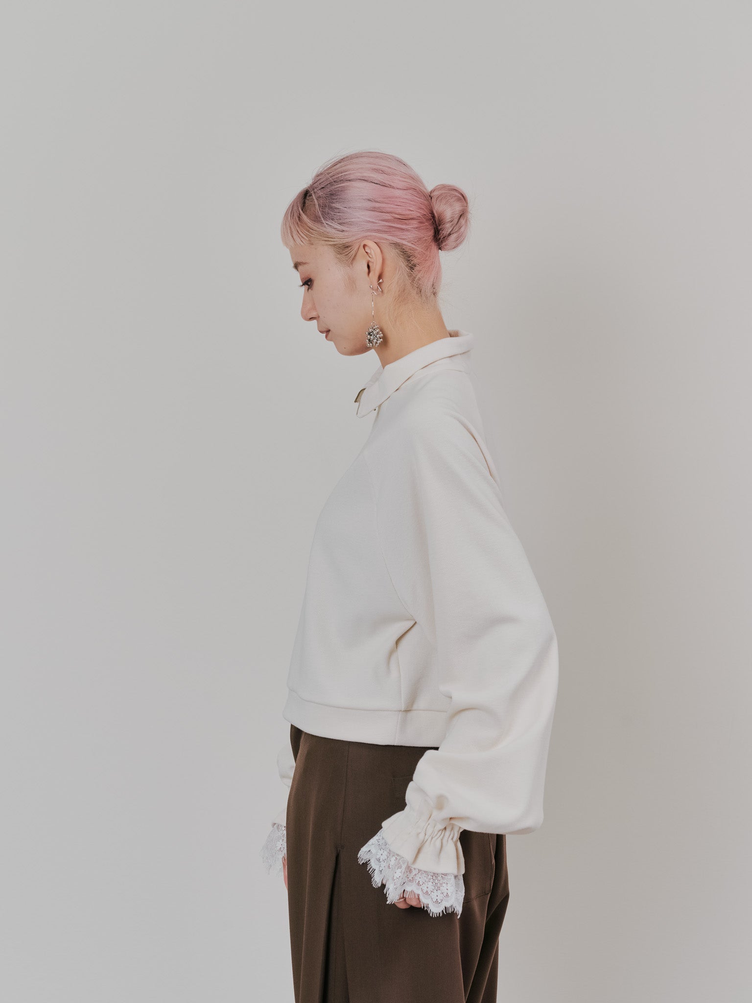 【SALE】ハーフジップ配色レーストップス [605529] ivory