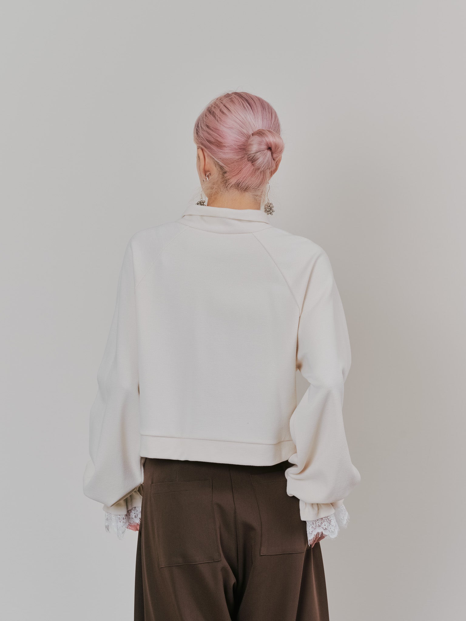 【SALE】ハーフジップ配色レーストップス [605529] ivory