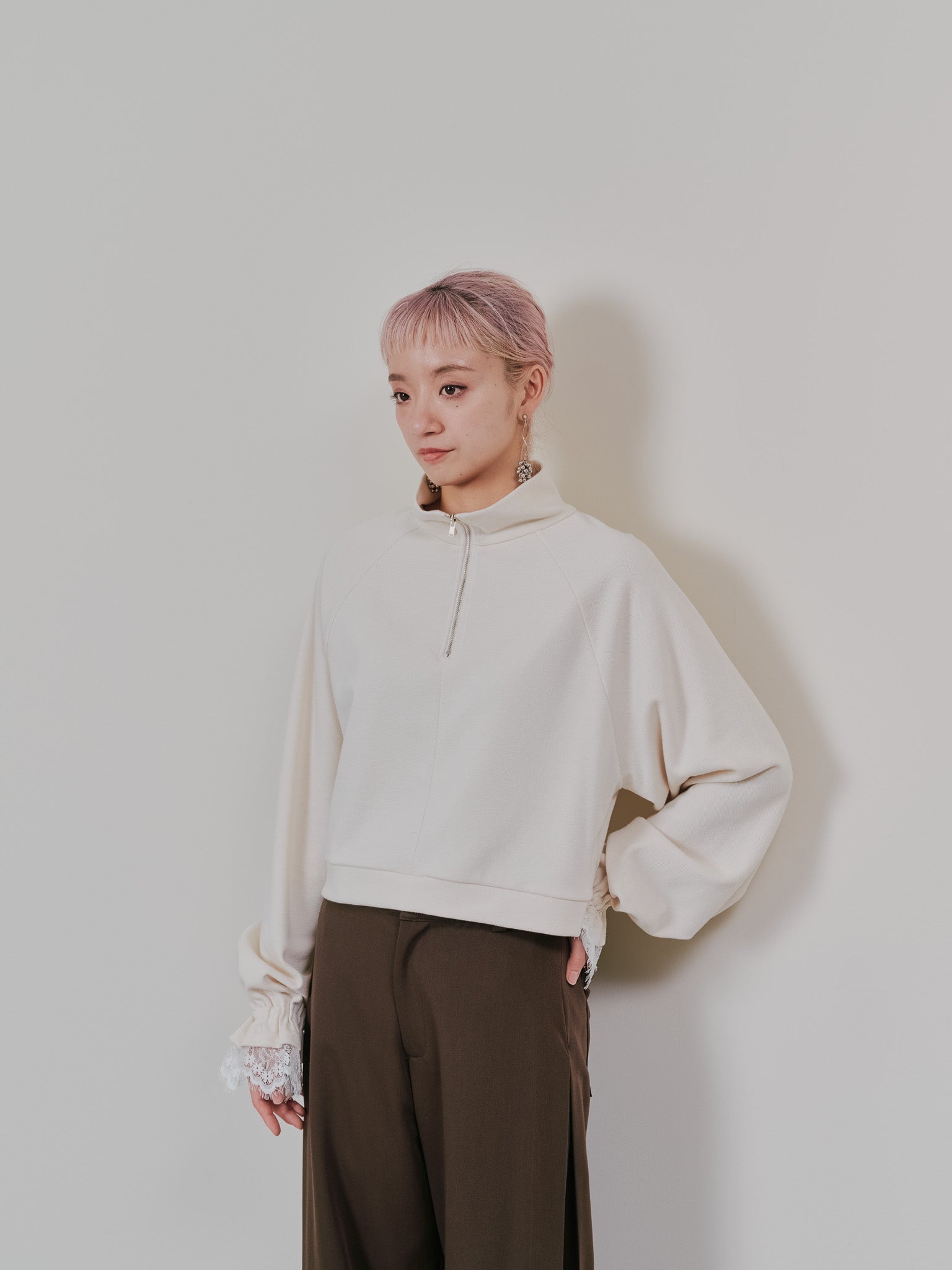 【SALE】ハーフジップ配色レーストップス [605529] ivory