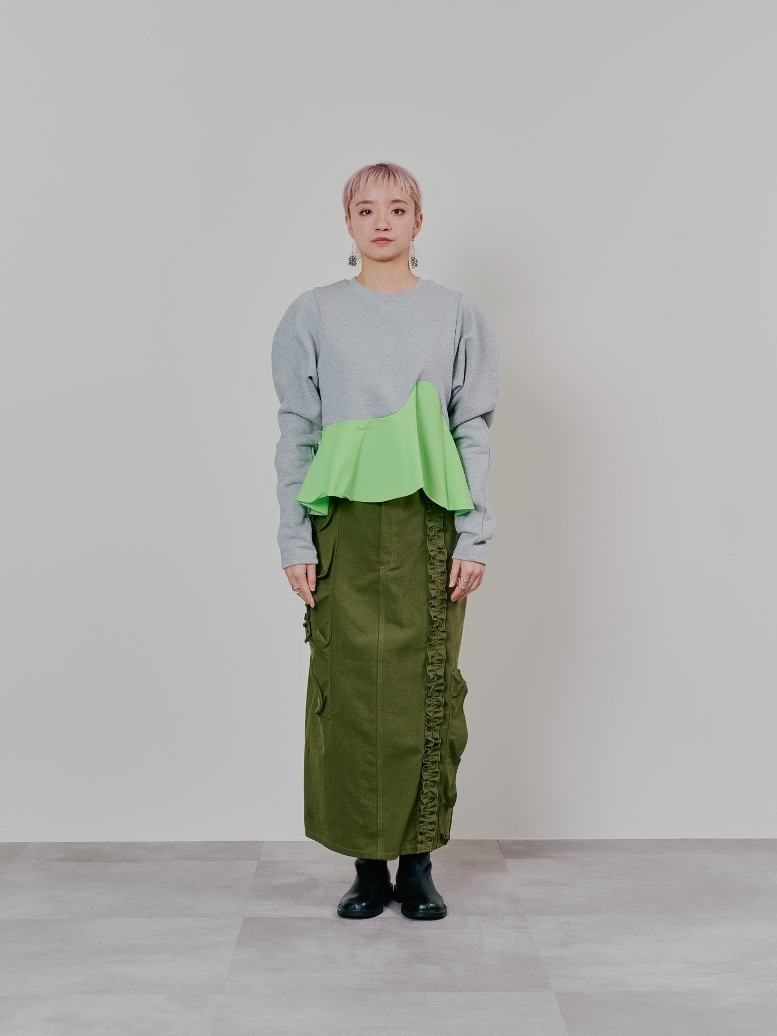 【SALE】ミックスフリルカツラギタイトスカート [601358] khaki