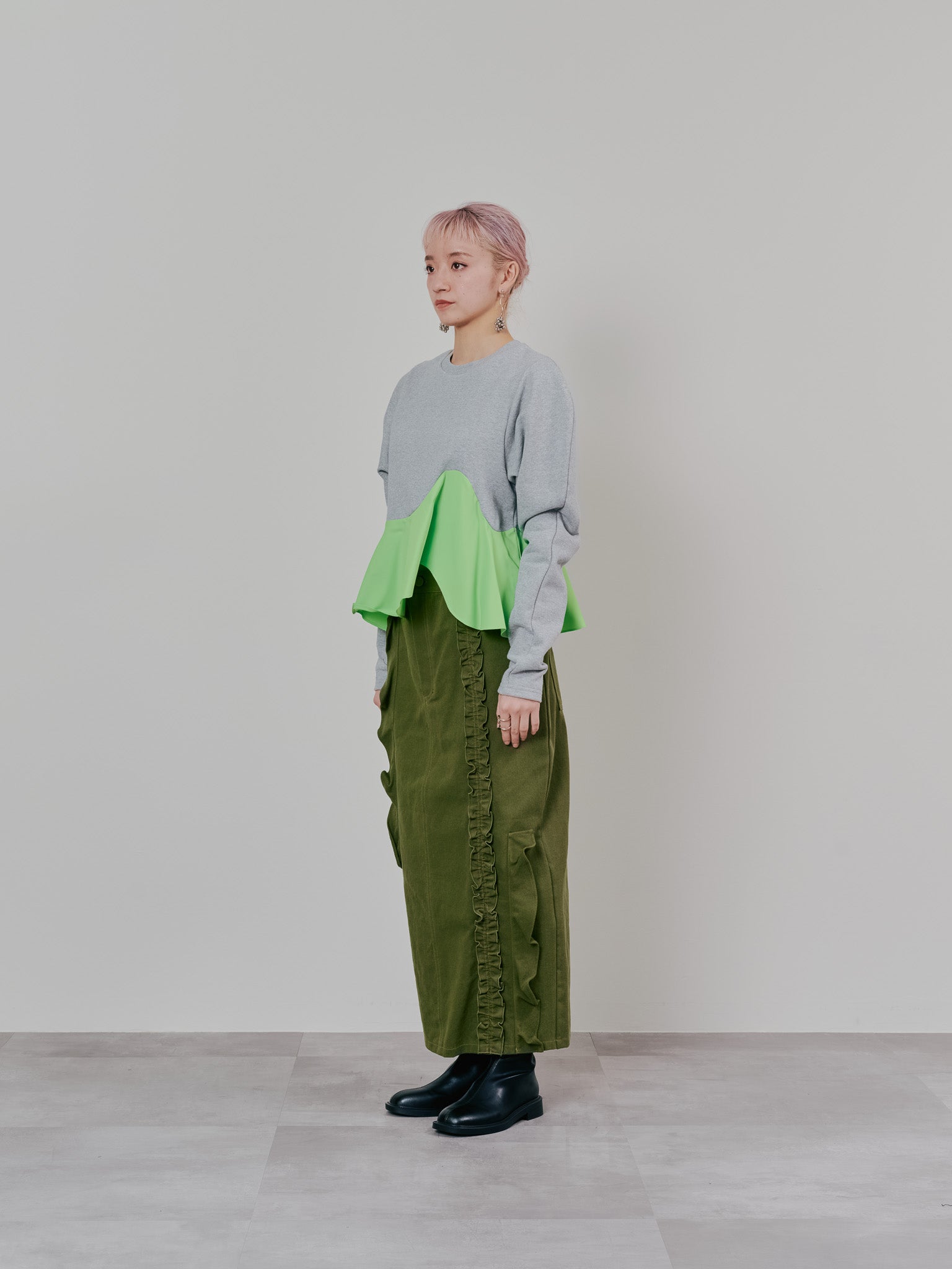 【SALE】ミックスフリルカツラギタイトスカート [601358] khaki