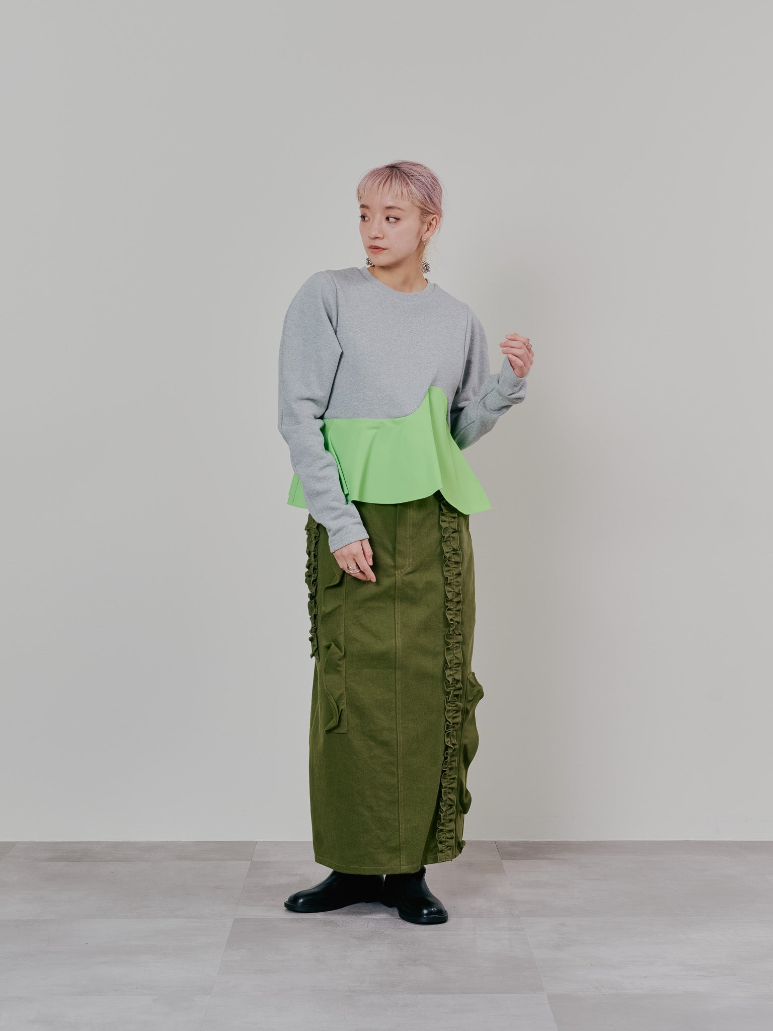 【SALE】ミックスフリルカツラギタイトスカート [601358] khaki