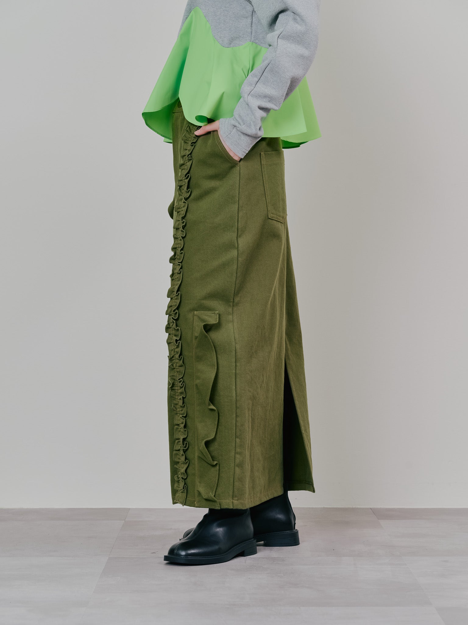 【SALE】ミックスフリルカツラギタイトスカート [601358] khaki