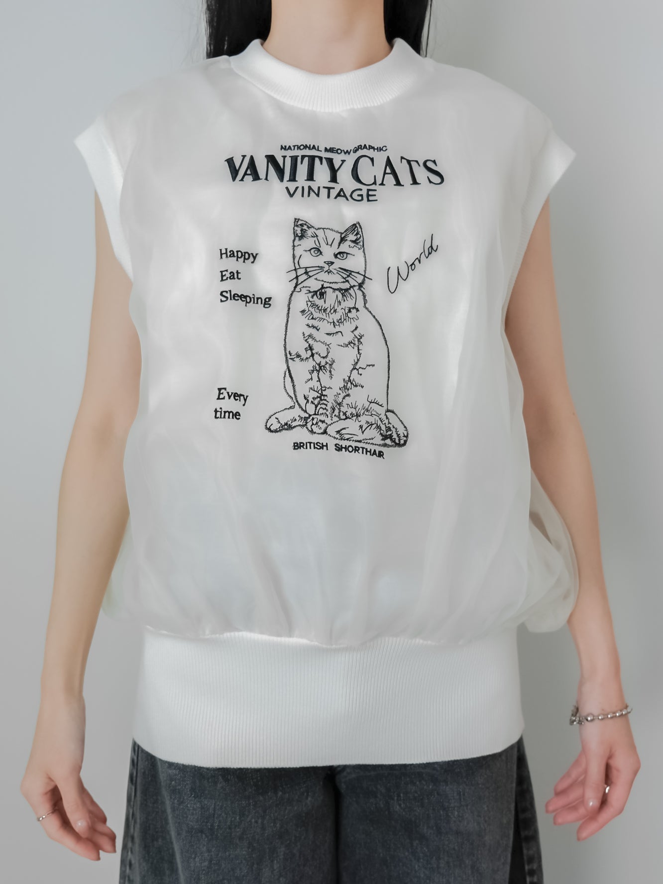 【オリジナル刺繍】VANITY CATオーガンジートップス　[601022]